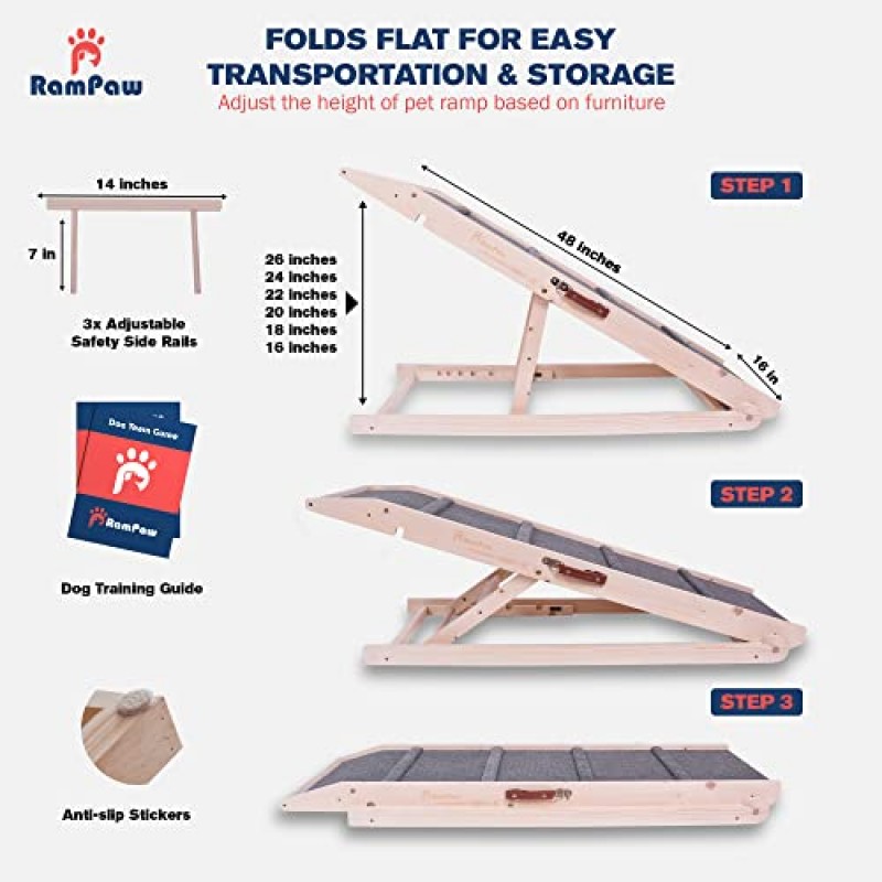 모든 개와 고양이를 위한 조정 가능한 애완 동물 경사로, 안전 측면 레일이 있는 길이 48인치 - 발 미끄럼 방지 견인 매트 및 계단이 있는 소파 또는 침대용, 높이 조절 가능 - 견고함, 개 훈련 매뉴얼(천연 목재)