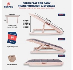 모든 개와 고양이를 위한 조정 가능한 애완 동물 경사로, 안전 측면 레일이 있는 길이 48인치 - 발 미끄럼 방지 견인 매트 및 계단이 있는 소파 또는 침대용, 높이 조절 가능 - 견고함, 개 훈련 매뉴얼(천연 목재)