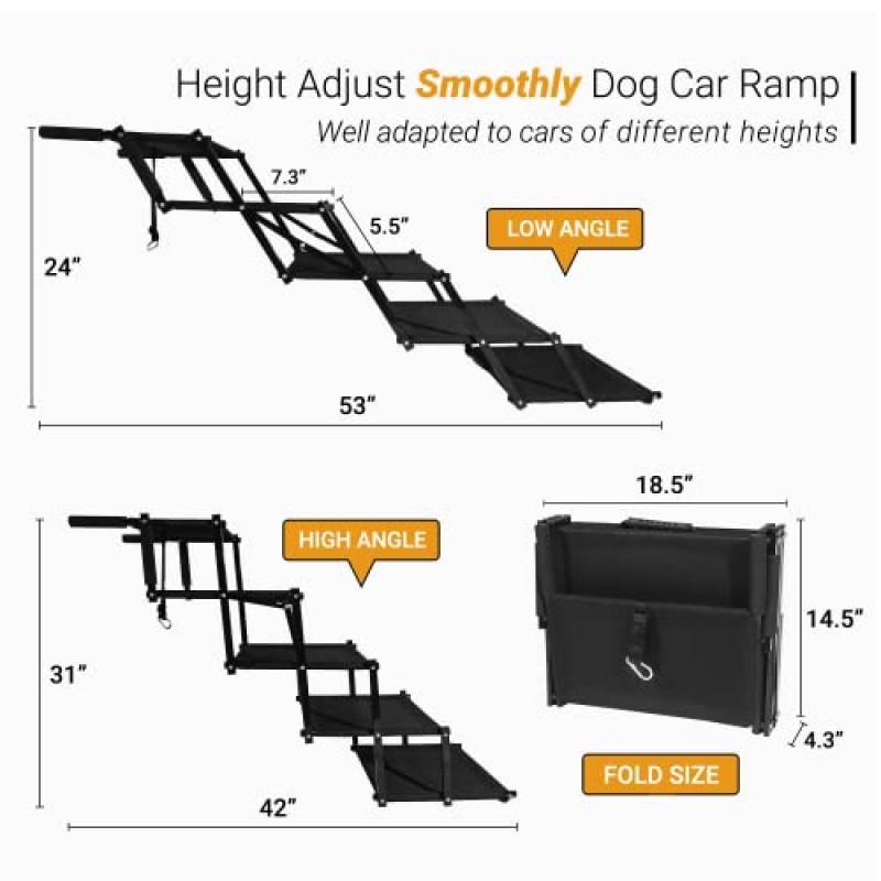 대형견용 CHIESMA 개 자동차 램프, 휴대용 알루미늄 접이식 애완 동물 사다리 램, 자동차용 개 계단 5개, SUV, 트럭, 높은 침대, 강도 프레임이 있는 경량 개 단계는 최대 200lbs를 지원합니다.