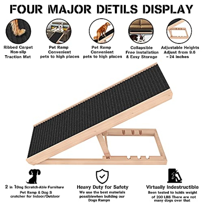 모든 개와 고양이를 위한 조정 가능한 개 경사로 - 미끄럼 방지 발 견인 매트가 있는 소파 또는 침대용 접이식 휴대용 애완 동물 경사로, 길이 40인치, 10