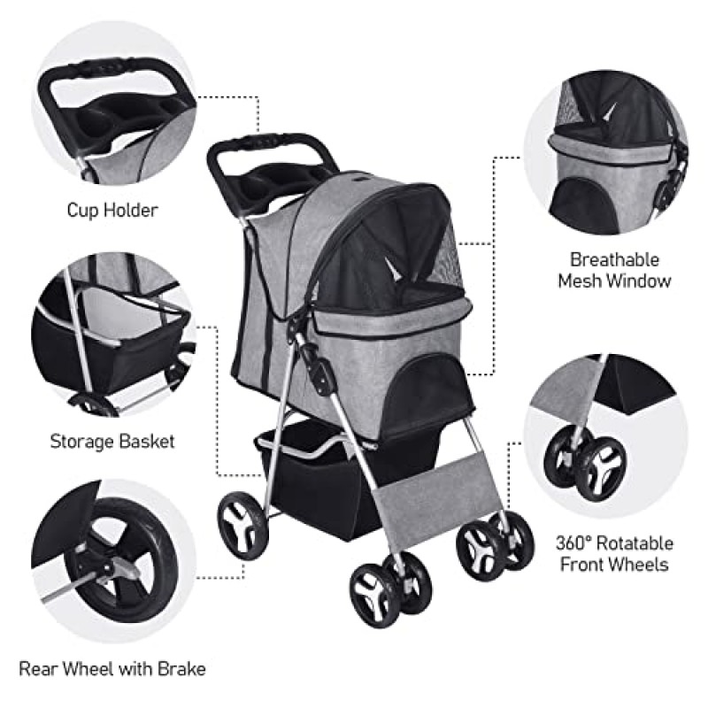 Nisorpa 애완 동물 유모차, 접이식 4 바퀴 경량 개 캐리어 트롤리, 보관 바구니, 컵 홀더, 소형 중형 개에 적합한 안전 테더 포함