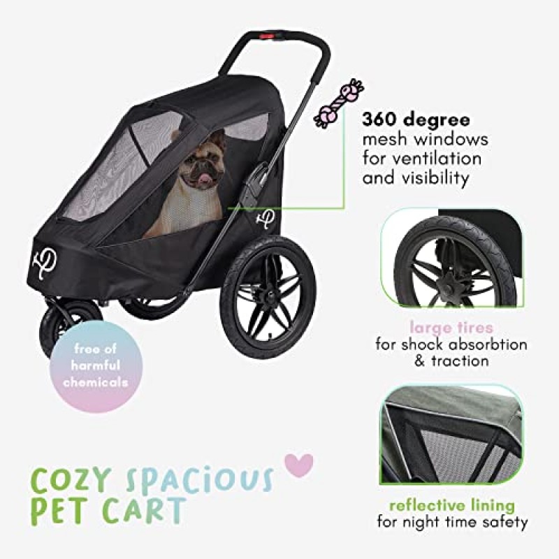Petique Breeze Jogger, 중형 애완동물용 개 카트, 고양이 및 개용 통풍형 애완동물 유모차, 블랙