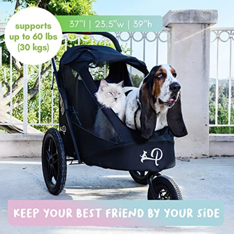 Petique Breeze Jogger, 중형 애완동물용 개 카트, 고양이 및 개용 통풍형 애완동물 유모차, 블랙