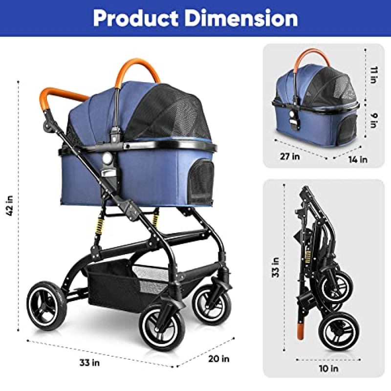 Petbobi 애완동물 유모차 2개, 분리 가능한 캐리어 또는 카시트가 포함된 3 in 1 개 유모차 쉽게 접을 수 있고 견고한 스테인레스 스틸 프레임과 충격 흡수 스프링 1~2마리의 소형 또는 중형 애완동물에 적합