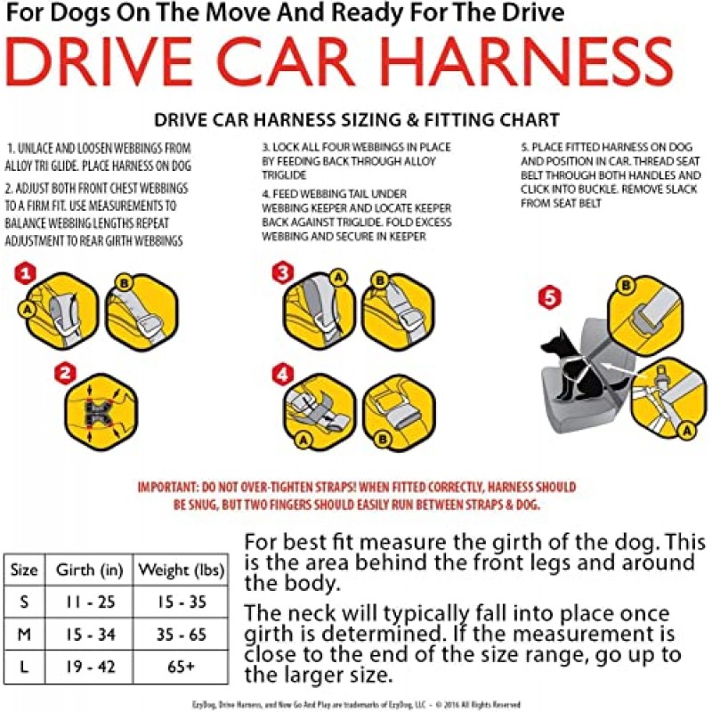 EzyDog 드라이브 안전 여행견 자동차 하네스 - 충돌 테스트 미국(FMVSS 213) - 보호 및 편안함을 위한 프리미엄 차량 구속 조끼 - 자동차 안전 벨트(중형)와 함께 사용하기 쉬운 일회용 장착 및 사용 블랙