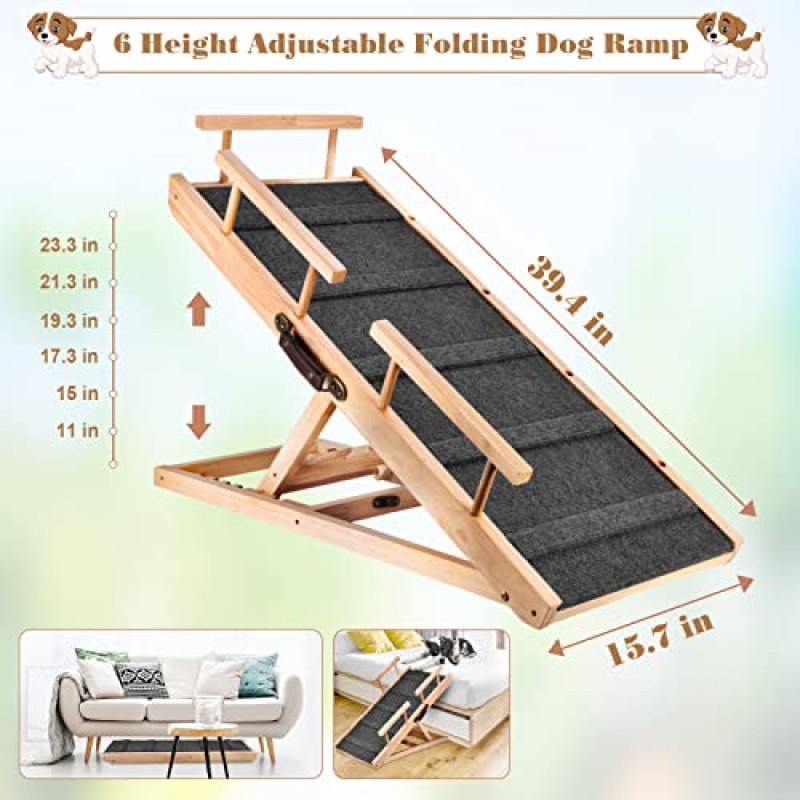 안전 측면이 있는 Suteck 나무 조절식 개 경사로, 200LBS 적재 접이식 애완 동물 경사로(모든 개용 휴대용 손잡이 포함) 차량용 소파 침대용 고양이 - 높은 견인력 및 미끄럼 방지 카펫 표면, 내구성 있는 프레임