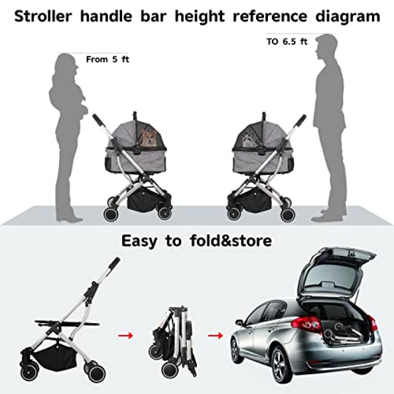 토토로 볼 소형 중형견용 3-in-1 개 유모차 탈부착 가능한 캐리어가 있는 고양이 지퍼 없음 접이식 여행용 4륜 애완 동물 유모차(스타일 B-회색)