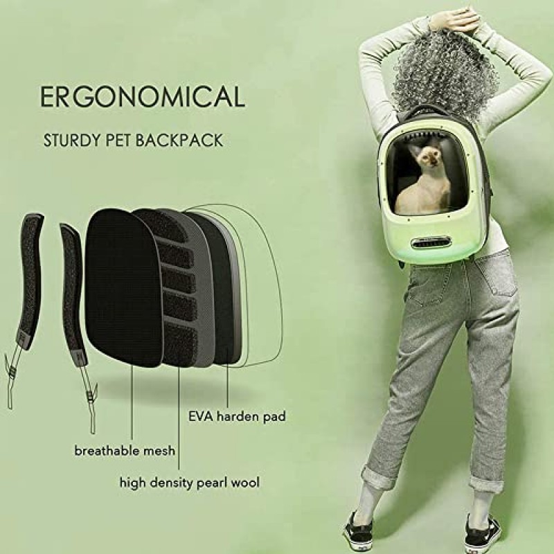 PETKIT Breezy Dome 애완동물 배낭 캐리어(고양이 및 소형견용 400ml 애완동물 물병 포함), 녹색