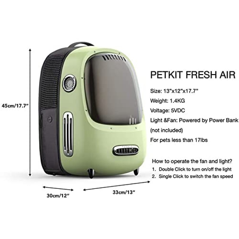 PETKIT Breezy Dome 애완동물 배낭 캐리어(고양이 및 소형견용 400ml 애완동물 물병 포함), 녹색