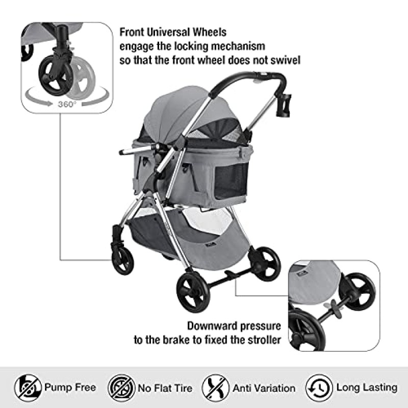 Veehoo 접이식 애완동물 유모차 - 개 고양이 및 소형/중형 애완동물을 위한 분리형 여행용 캐리어, 올인원 다기능 펌프 프리 타이어 및 알루미늄 프레임 개 유모차, 회색