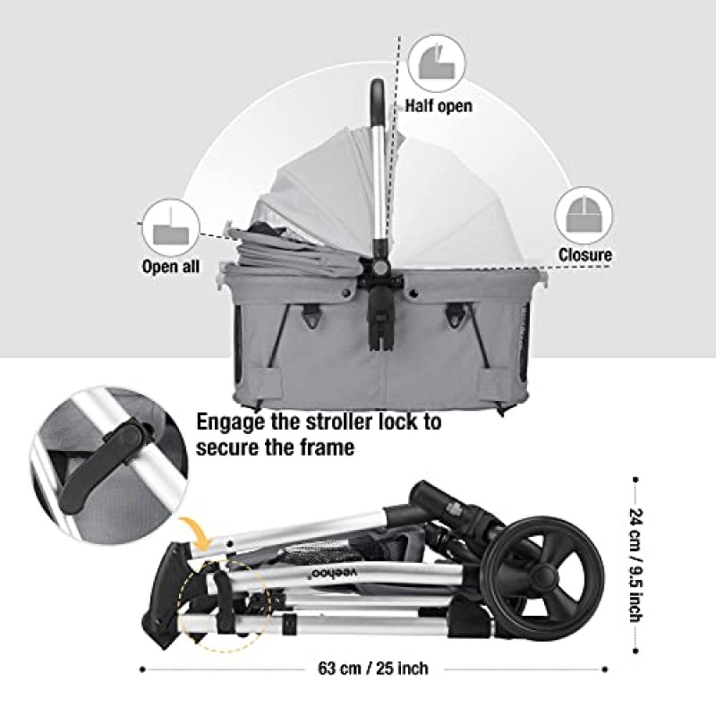 Veehoo 접이식 애완동물 유모차 - 개 고양이 및 소형/중형 애완동물을 위한 분리형 여행용 캐리어, 올인원 다기능 펌프 프리 타이어 및 알루미늄 프레임 개 유모차, 회색