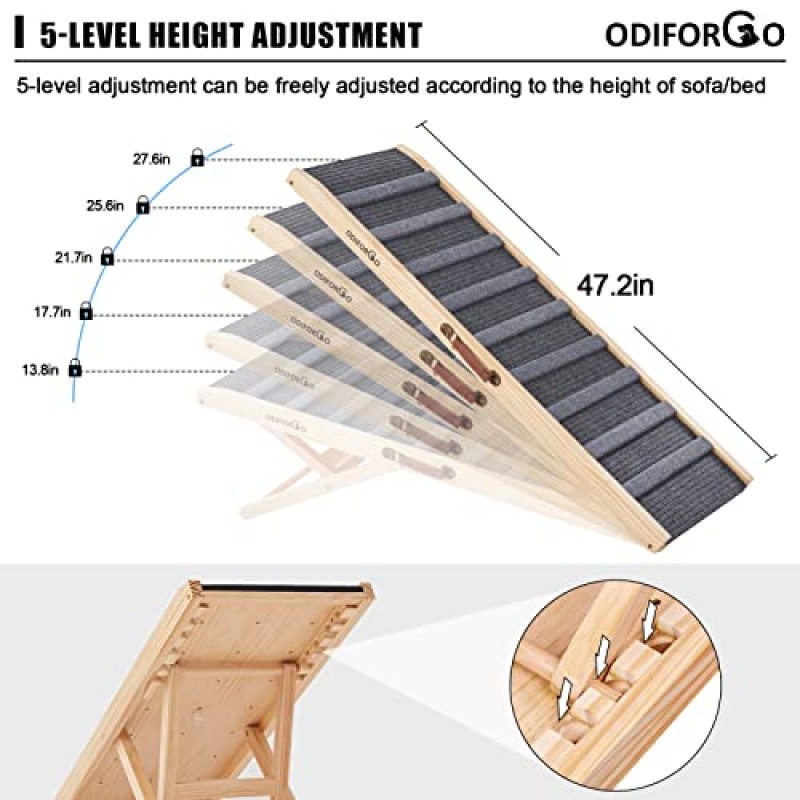 침대용 ODIFORGO 개 램프, 소파용 조절 가능한 애완 동물 램프, 침대 및 자동차용 나무 접이식 휴대용 개 고양이 침대 램프, 미끄럼 방지 카펫 표면 5레벨, 천연 목재, 250lbs