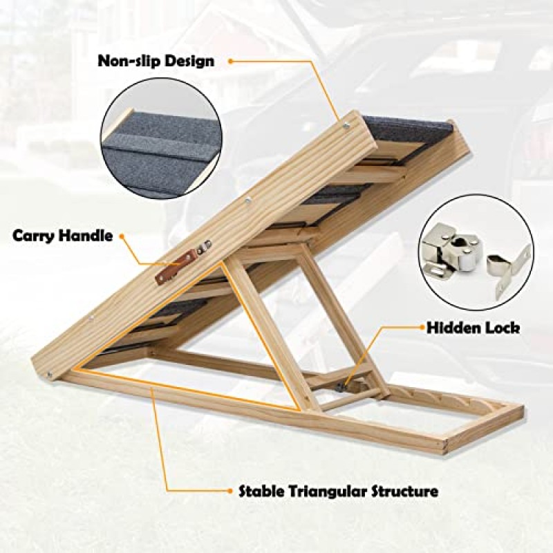 APPOLYN 휴대용 개 경사로, 미끄럼 방지 표면이 있는 소형 및 대형 노령 동물용 접이식 애완동물 계단, 길이 40.6', 14'~24'까지 4개의 조절 가능 높이, 정격 180LBS, 침대, 소파, SUV용 개 계단