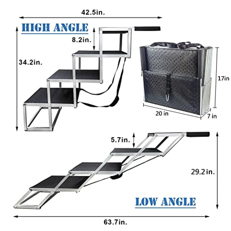 KUCDBUN 대형견용 엑스트라 와이드 개 계단, 자동차, 트럭, SUV, 지프 및 높은 침대용 접이식 알루미늄 개 계단, 최대 250lbs의 대형견용 개용 자동차 계단, 4단계