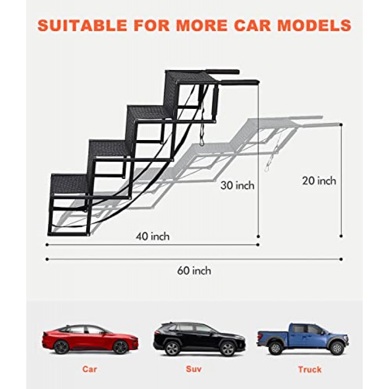 자동차용 개 경사로, 휴대용 알루미늄 접이식 개 자동차 경사로, 미끄럼 방지 표면이 있는 자동차용 개 계단, 대형견용 개 경사로 SUV, 트럭, 높은 침대, 최대 180파운드 지원, 4단계