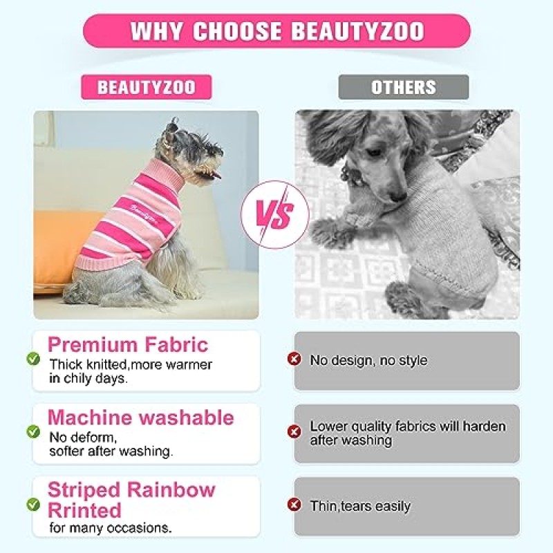 BEAUTYZOO 소형견 스웨터 - 가을 겨울 강아지 의류용 줄무늬 애완동물 스웨터, 소형 중형 대형견용 터틀넥 풀오버 니트웨어, 치와와 강아지 고양이 소년 소녀용 따뜻한 코트 복장