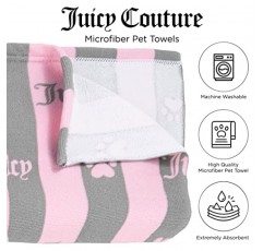 Juicy Couture 개 타월 핑크/그레이 하트 발 줄무늬 – 줄무늬 하트 발 프린트가 있는 100% 마이크로파이버 개 건조 타월, 흡수성 속건성 기계 개 및 고양이 건조용 세탁 가능한 개 타월