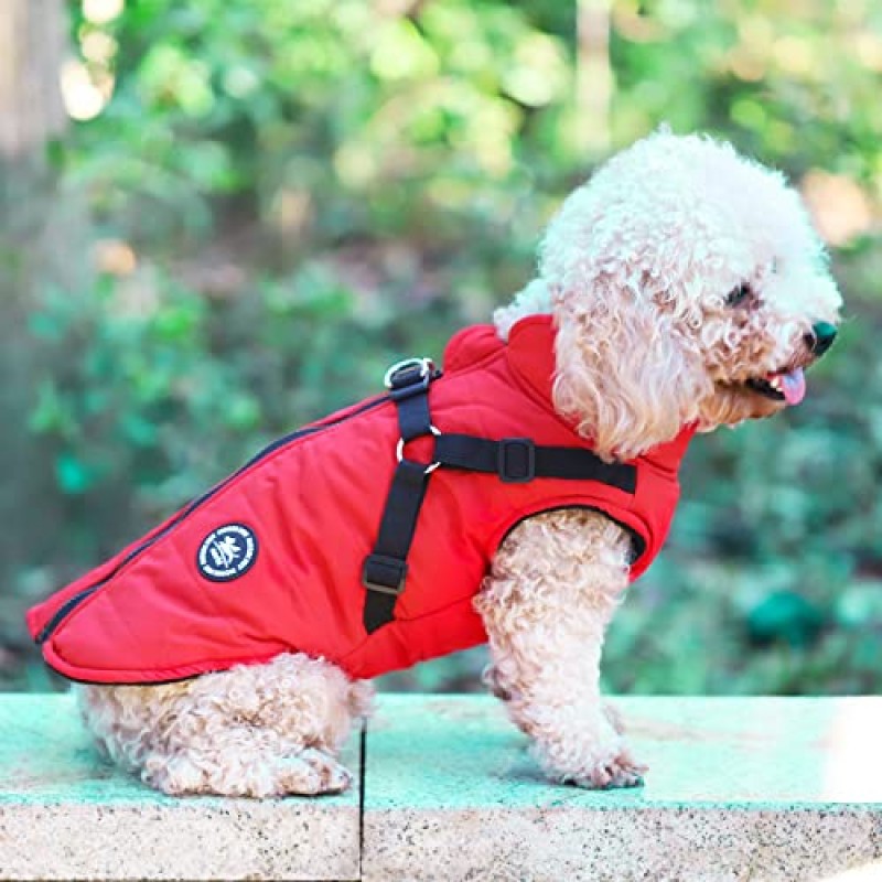 Norbi Pet Warm Jacket 소형견 조끼 하네스 강아지 겨울 2 in 1 복장 추운 날씨 코트 (S, Red)