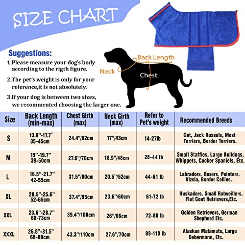 HhiMyOct 개 건조 코트 - 빠른 건조 개 수건 가운 - 극세사 개 건조 가방 초흡수성 애완 동물 목욕 가운, 조절 가능한 칼라 및 배꼽 스트랩 빠른 건조 코트 애완견 고양이 목욕 가운 타월