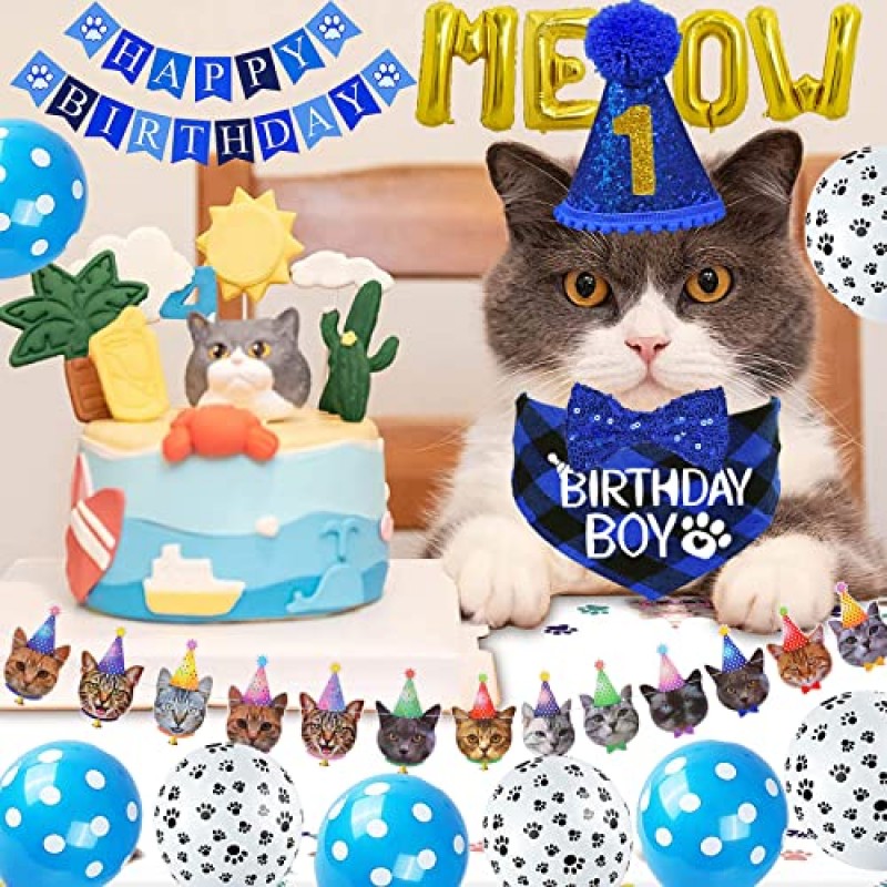 STMK 고양이 생일 파티 용품, 고양이 생일 모자 두건 나비 넥타이 칼라 생일 번호 고양이 생일 배너 화환 MEOW 고양이 새끼 고양이 생일 복장 장식을위한 편지 풍선