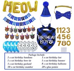 STMK 고양이 생일 파티 용품, 고양이 생일 모자 두건 나비 넥타이 칼라 생일 번호 고양이 생일 배너 화환 MEOW 고양이 새끼 고양이 생일 복장 장식을위한 편지 풍선