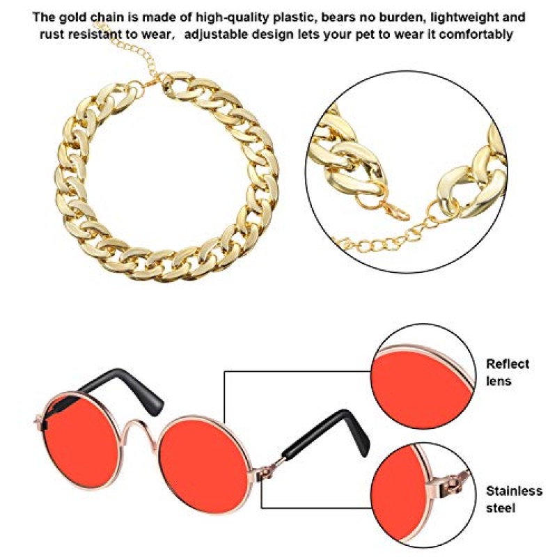 고양이를위한 7 조각 선글라스 개 선글라스 골드 체인 의상 재미 있은 귀여운 고양이 안경 복고풍 애완 동물 코스프레 (선명한 색상, 사랑스러운 스타일)