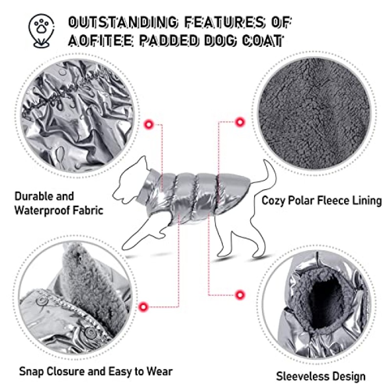 AOFITEE 개 코트, 방수 개 재킷, 소형 개용 겨울 개 코트, 양털 개 방한복 따뜻한 개 퍼퍼 재킷, 아늑한 애완 동물 겨울 조끼, 소형 중형 개용 개 추운 날씨 코트, 실버, M
