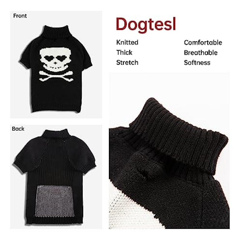 Dogtesl 개 할로윈 의상 가죽 끈 구멍이있는 어둠 속에서 빛나는 해골 할로윈 개 스웨터, 애완 동물 옷 작은 개를위한 클래식 따뜻한 코트 강아지 고양이 블랙-XS