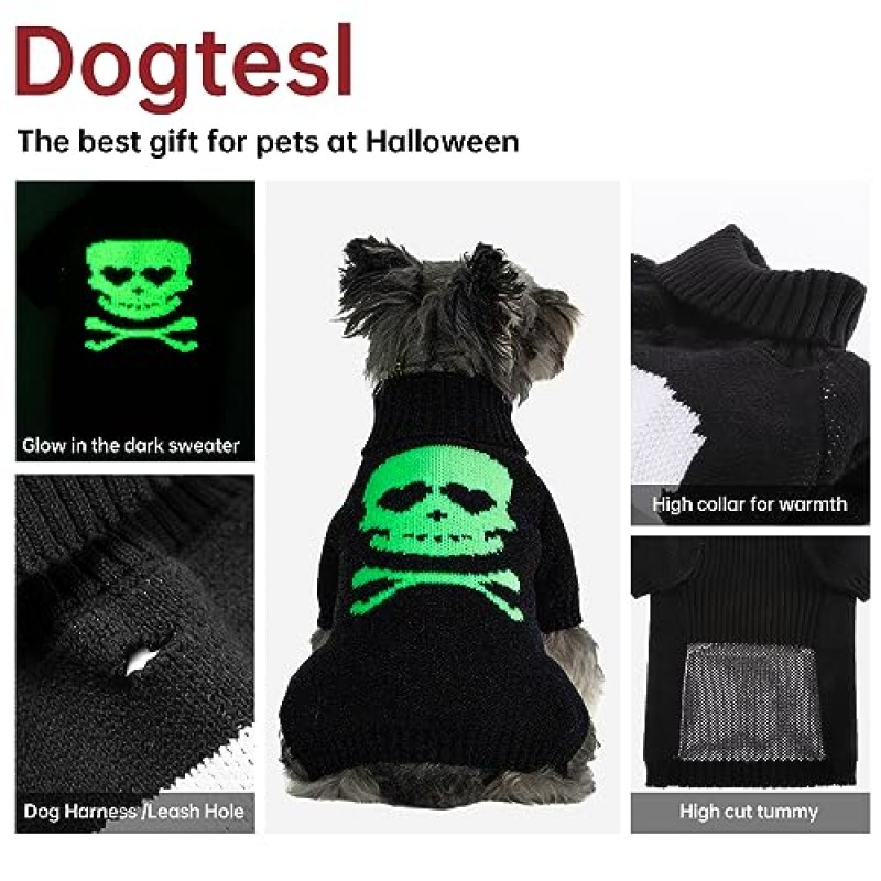 Dogtesl 개 할로윈 의상 가죽 끈 구멍이있는 어둠 속에서 빛나는 해골 할로윈 개 스웨터, 애완 동물 옷 작은 개를위한 클래식 따뜻한 코트 강아지 고양이 블랙-XS