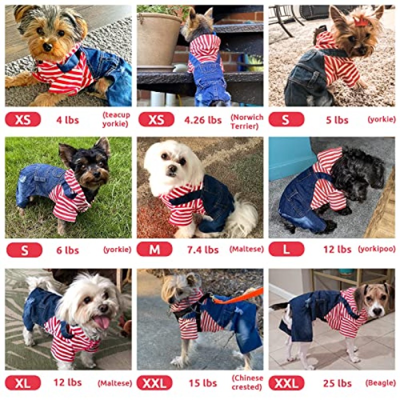 DOGGYZSTYLE 작은 개 까마귀 옷 귀여운 줄무늬 셔츠 데님 점프 슈트 작은 중형 개를위한 원피스 복장 고양이 소년 소녀 치와와 청바지 작업복 강아지 의상 (빨간색, XS)