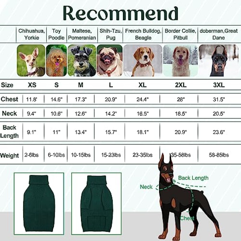IECOii 소형견용 강아지 스웨터, 소형견 스웨터 크리스마스 따뜻한 의류, 터틀넥 추운 날씨 강아지 니트웨어 스웨트셔츠, 애완동물 겨울 니트 의상 강아지 여아 남아용 퍼그 닥스훈트 옷(녹색,S)