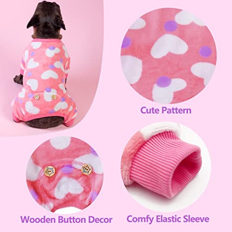 KYEESE 개 잠옷 소형 중형 개를위한 하트 패턴 부드러운 소재 Stretchable Dog Pajama Onesie 애완 동물 Pjs Soft Velvet