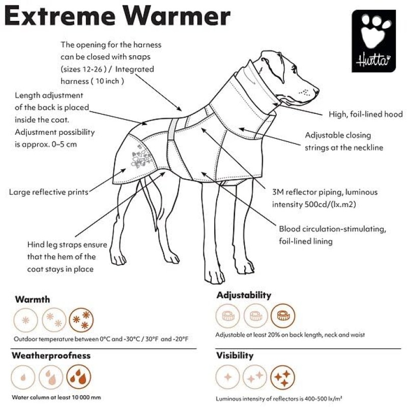 Hurtta Extreme Warmer, 개 겨울 재킷, 화강암, 20인치