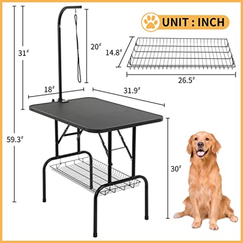 Yewuli 애완 동물 손질 테이블 조정 가능한 개 손질 테이블 애완 동물 목욕 스테이션 접이식 휴대용 건조 테이블 소형 중형 대형견 용 팔, 올가미, 메쉬 트레이가있는 트리밍 테이블