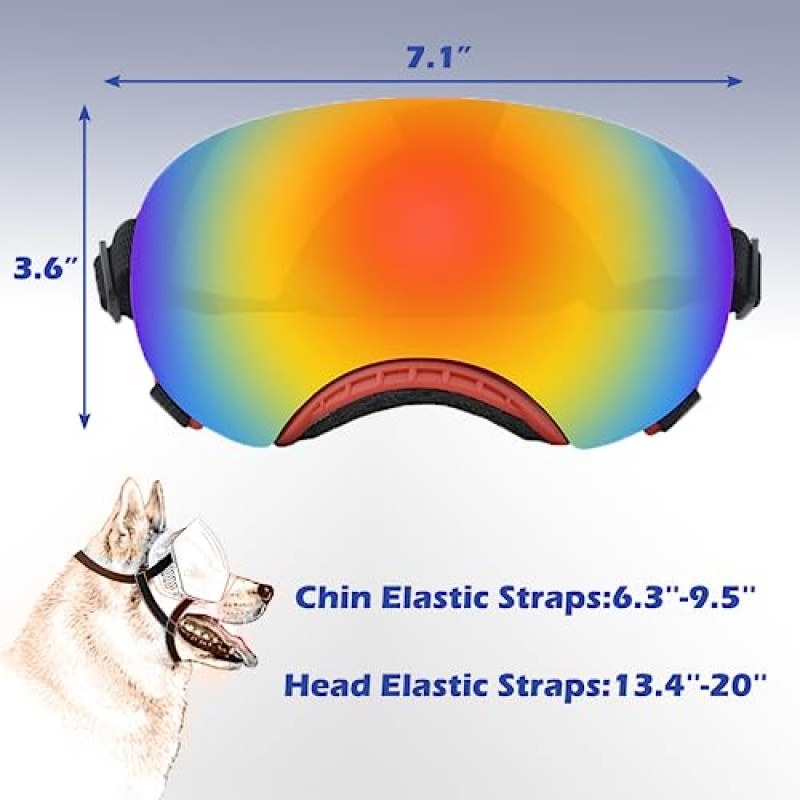 애견 고글, 애견 선글라스 자기 반사 컬러 렌즈, 중대형견용 조절 가능한 스트랩이 있는 고글(빨간색 프레임)