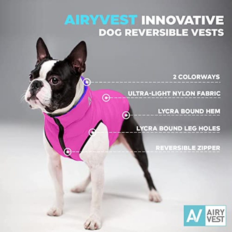 AiryVest 경량 양면 겨울 개 코트 - 따뜻한 개 재킷 - 방수 방풍 - 소형, 중형 및 대형견용 절연 개 재킷 - 편안한 개 복어 조끼 - M 40- 핑크 퍼플