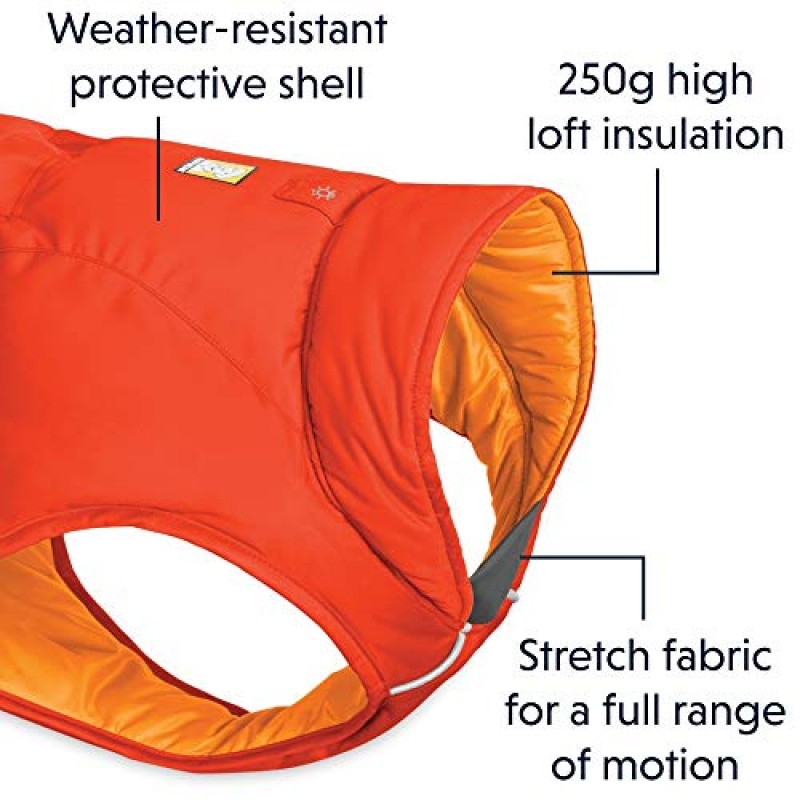 Ruffwear, Quinzee 절연, Stuff Sack이 포함된 반려견용 방수 재킷, 홍안 레드, 소형