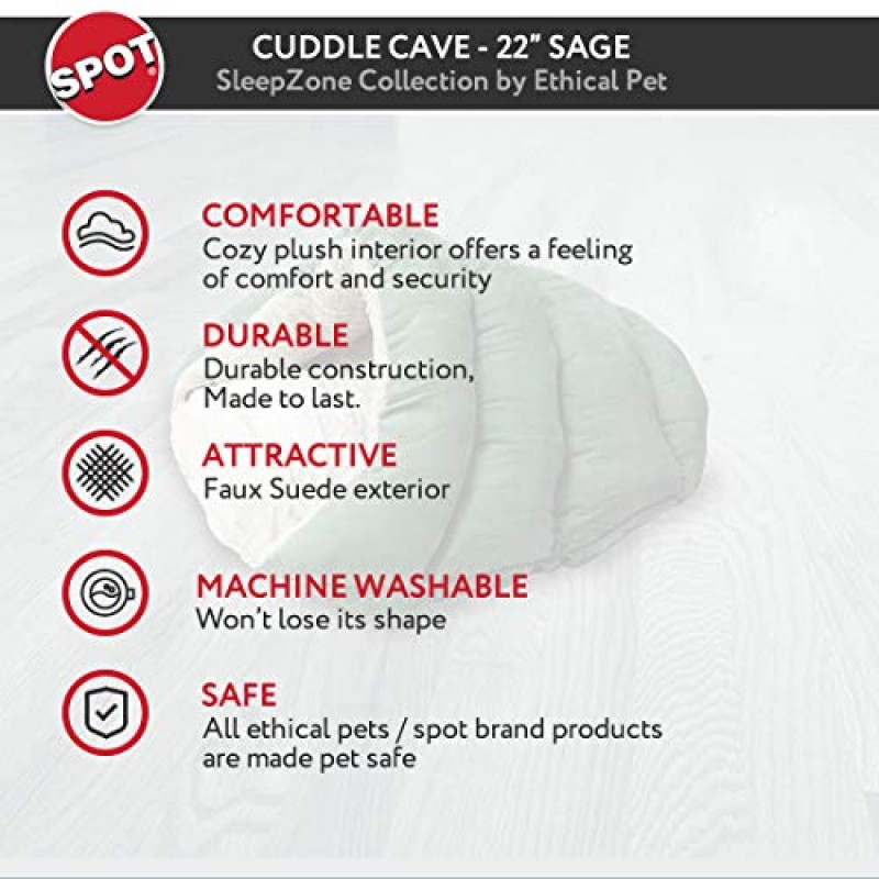 윤리적인 애완동물 수면 구역 포옹 동굴 - 고양이와 소형견을 위한 애완동물 침대 - 매력적이고 내구성이 뛰어나며 편안하고 세탁이 가능합니다. SPOT, 세이지, 22x17