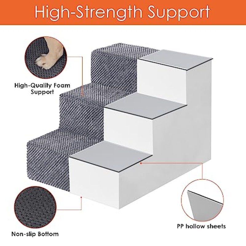 소형견용 EHEYCIGA 개 계단, 높은 침대 및 소파용 3단계 개 계단, 소형견 및 고양이용 접이식 애완동물 계단, 높은 침대 오르기, 미끄럼 방지 균형형 개 실내 계단, 회색, 3/4/5단계
