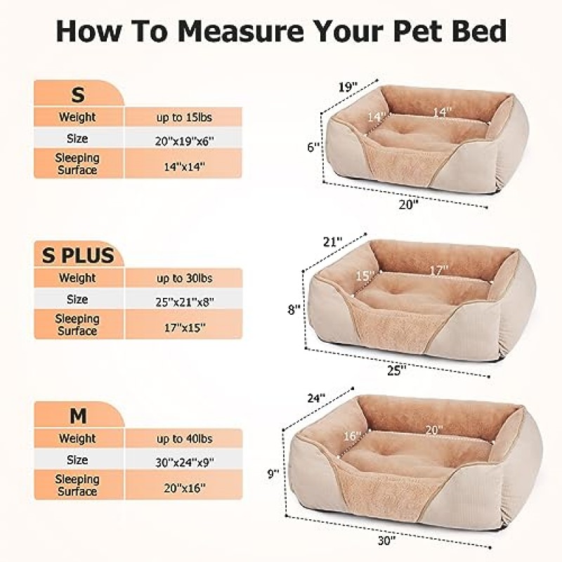 MIXJOY 소형견용 개 침대, 실내 고양이용 고양이 침대 세척 ​​가능, 진정용 개 침대 소형견, 부드러운 직사각형 애완동물 침대 소파 껴안기, 정형외과용 아늑한 강아지 침대, 미끄럼 방지 바닥(20x19인치, 베이지)