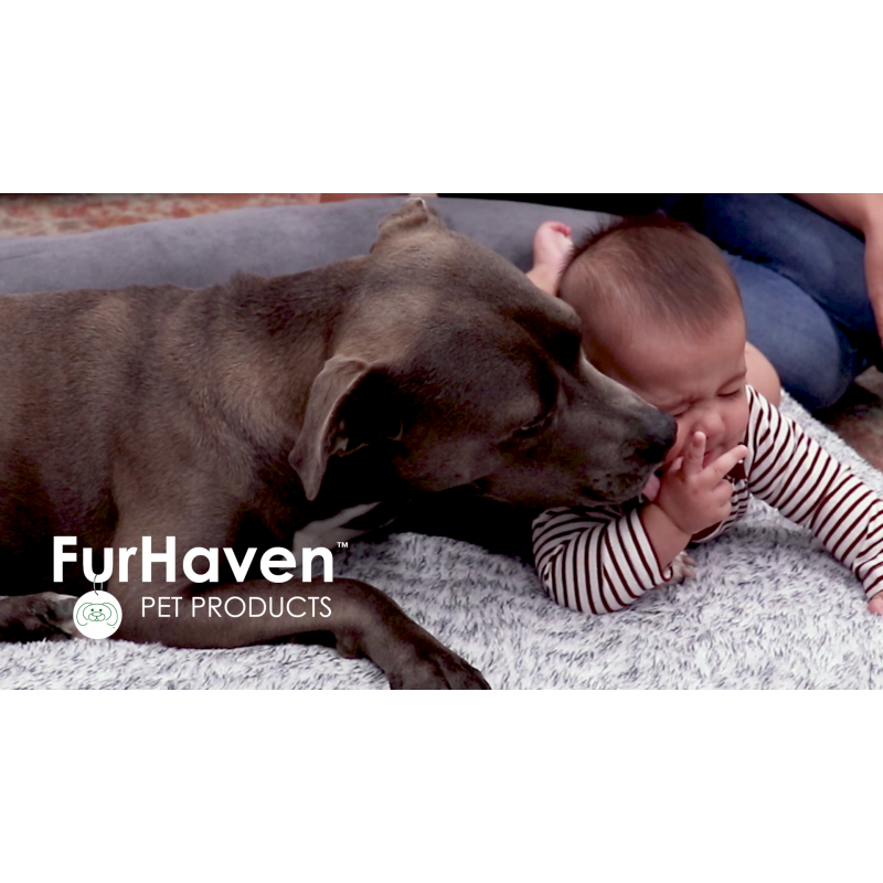 Furhaven 대형/중형견용 정형외과용 개 침대, 탈착식 볼스터 및 세탁 가능 커버 포함, 최대 55파운드의 반려견용 - 투톤 플러시 인조 모피 및 스웨이드 L자형 긴 의자 - 스톤 그레이, 대형