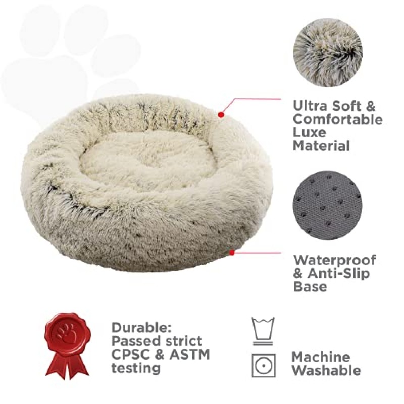 FuzzBall Fluffy Luxe 애완동물 침대, 차분한 도넛 껴안기 – 기계 세탁 가능, 방수 베이스, 미끄럼 방지(최대 25lbs의 소형 개 및 고양이용)