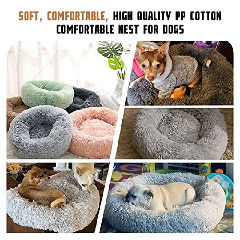 kimpets 개 침대 소형 중형 대형견을 위한 진정 개 침대 - 원형 도넛 세탁 가능 개 침대, 미끄럼 방지 인조 모피 푹신한 도넛 껴안기 불안 고양이 침대(20