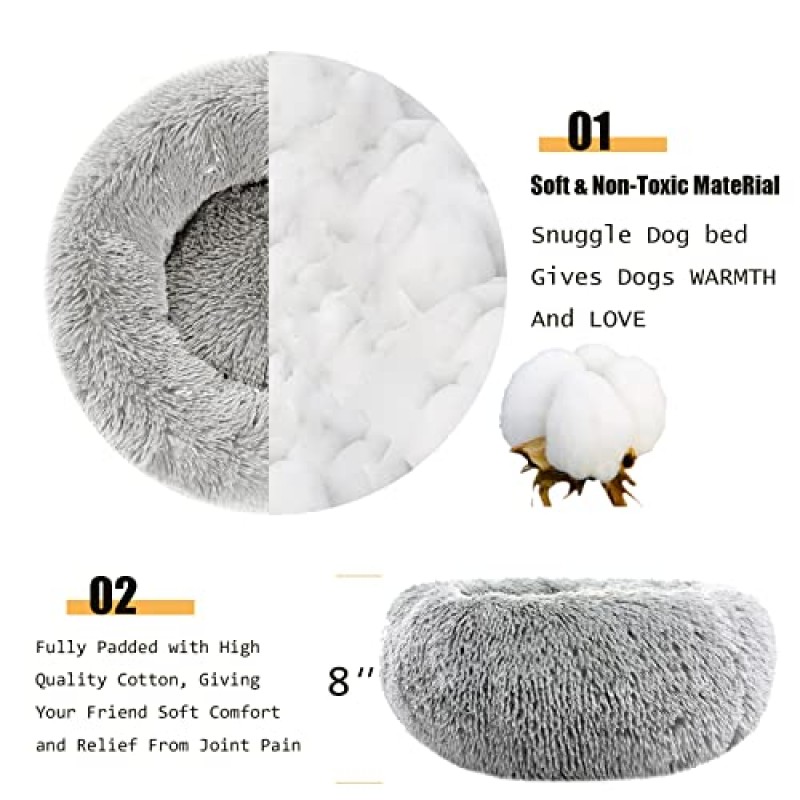 kimpets 개 침대 소형 중형 대형견을 위한 진정 개 침대 - 원형 도넛 세탁 가능 개 침대, 미끄럼 방지 인조 모피 푹신한 도넛 껴안기 불안 고양이 침대(20