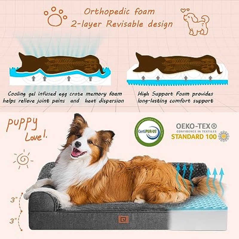 EHEYCIGA 메모리 폼 초대형 개용 정형외과용 개 침대, 세척 가능한 탈착식 커버가 있는 방수 XL 개 침대, 개 소파 침대, 방수 라이닝 및 미끄럼 방지 바닥이 있는 L자형 애완 동물 침대, 짙은 회색