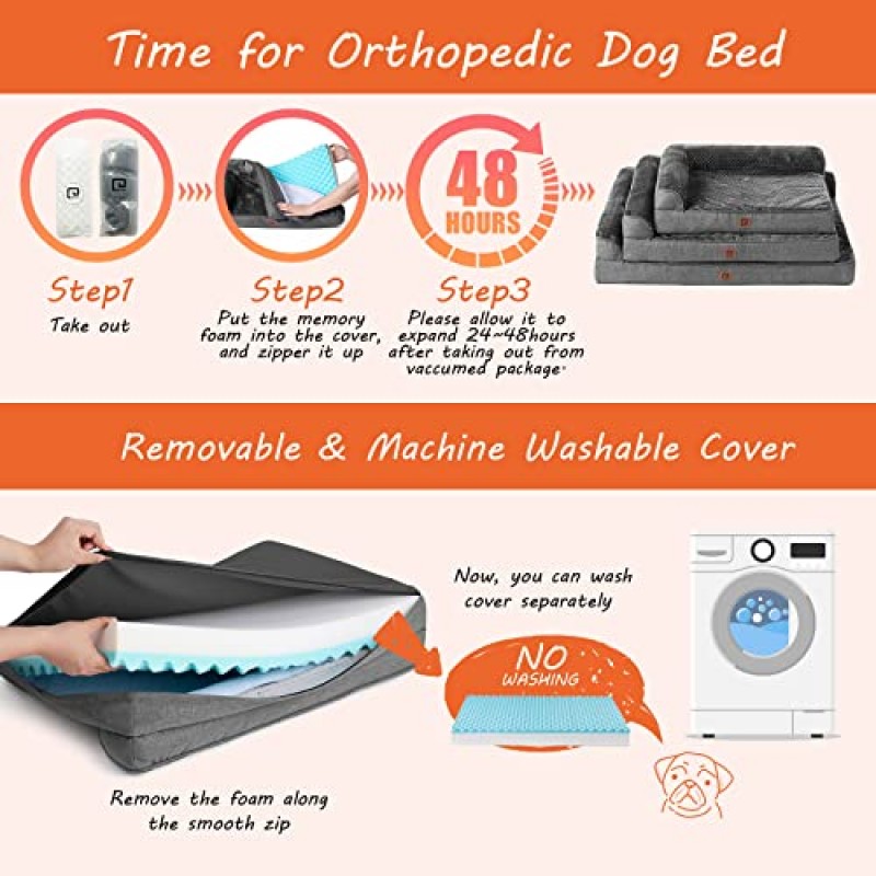 EHEYCIGA 메모리 폼 초대형 개용 정형외과용 개 침대, 세척 가능한 탈착식 커버가 있는 방수 XL 개 침대, 개 소파 침대, 방수 라이닝 및 미끄럼 방지 바닥이 있는 L자형 애완 동물 침대, 짙은 회색