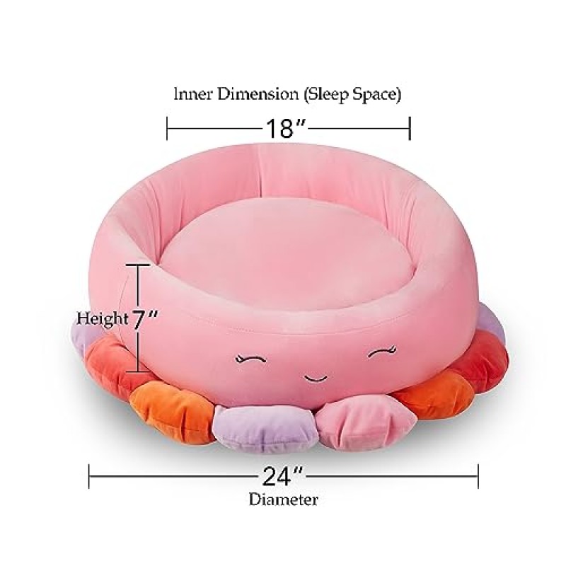 개용 애완동물 침대, 24인치 재미있고 귀여운 견면 벨벳 개 침대, 아늑하고 부드러운 개 둥근 침대, 미끄럼 방지 바닥이 있는 푹신한 개 침대(문어 핑크)