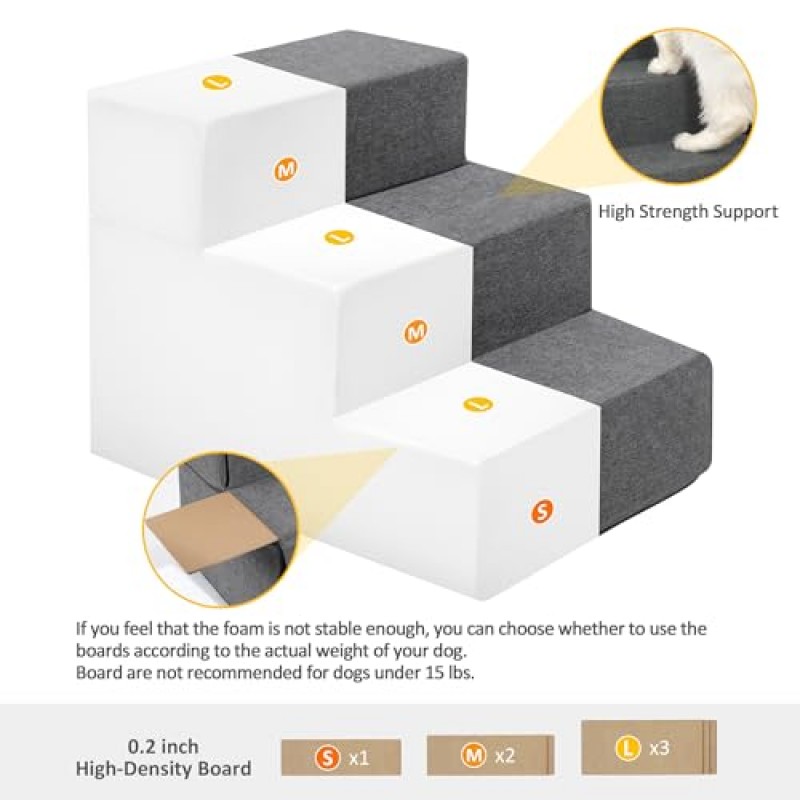 작은 개를 위한 스테드 개 계단, 소파를 위한 고밀도 폼 개 계단, 미끄럼 방지 접이식 애완 동물 계단, 부상당한 나이든 작은 개 고양이를 위한 탈착식 세탁 가능 커버 애완 동물 계단, 3단계, 회색