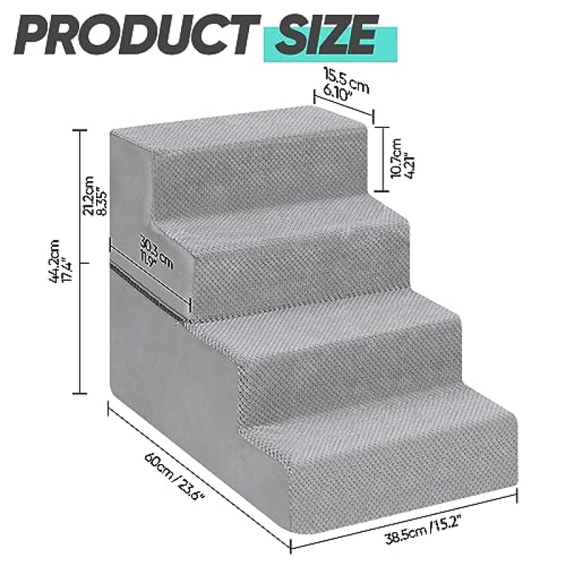 높은 침대 및 소파용 MOOACE 개 계단, 소형견용 개 계단 및 계단, 나이든 소형견을 위한 접이식 소프트 폼 미끄럼 방지 애완동물 계단 추가 세탁 가능 커버가 있는 고양이, 4단계