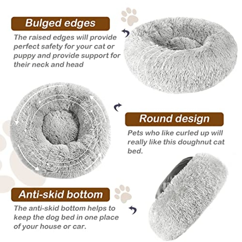 CAPSCELL 진정 개 고양이 침대 라운드 도넛 개 침대 따뜻하게 푹신한 20 인치 작은 중형 개와 미끄럼 방지 바닥, 회색 고양이를위한 항 불안 침대